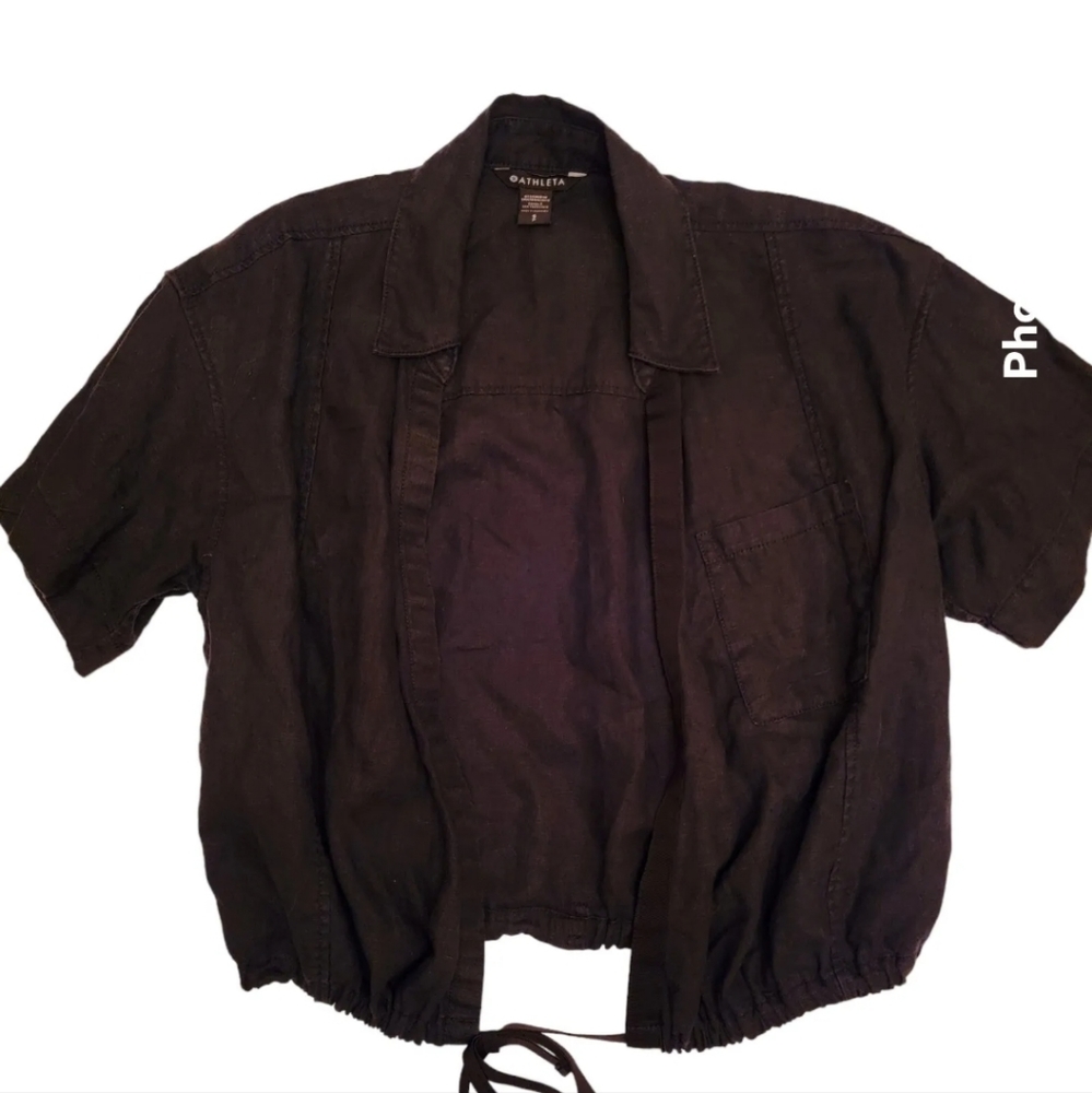 Athleta Playa Tie Top 100% Linen Wrap with Drawstring Bottom Black Size S